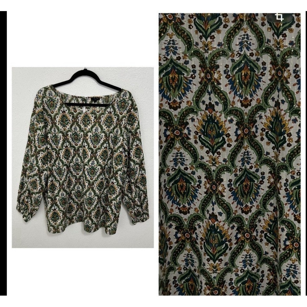 Talbots Peasant Top Blouse Green Gold Metallic Boho Hippie Preppy Eclectic Sz 3X